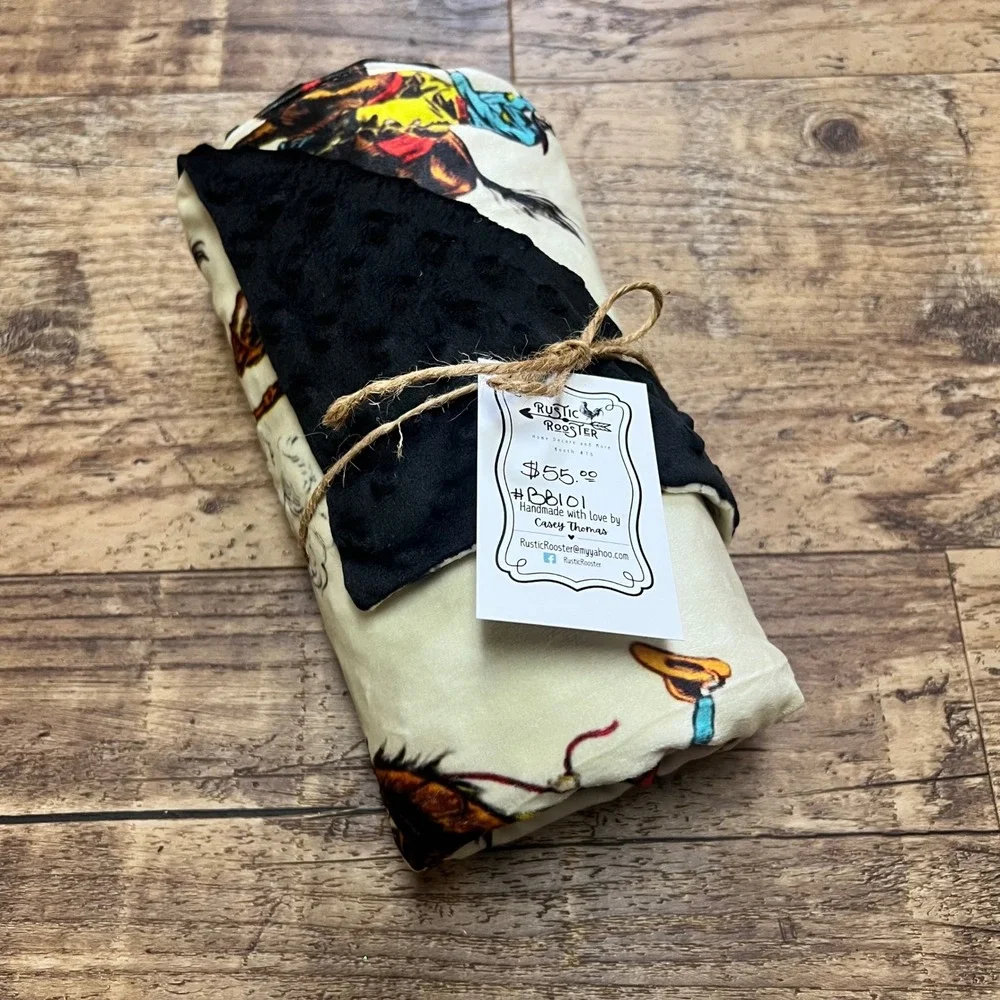 Rustic Rooster Western Cowboy Bronc Rider Minky Dot Baby Blanket Black soft